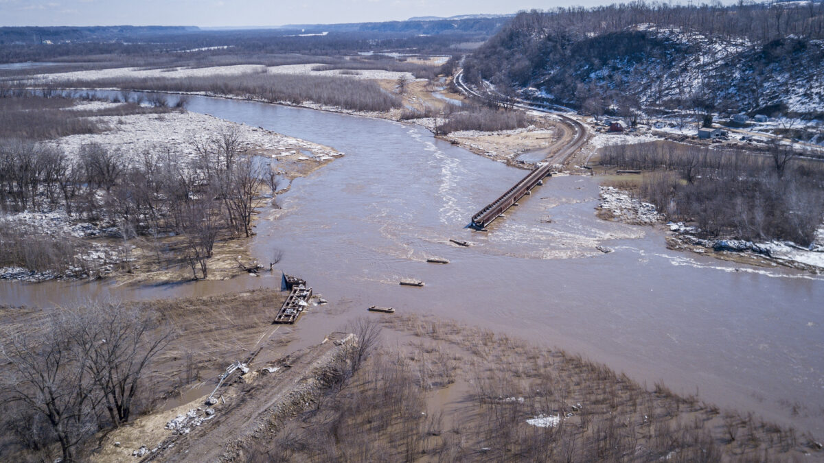 Train bridge washout on the Turkey River due to flooding in March 2019.