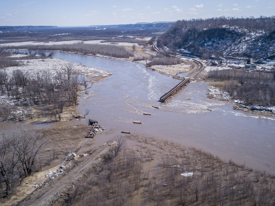 Train bridge washout on the Turkey River due to flooding in March 2019.