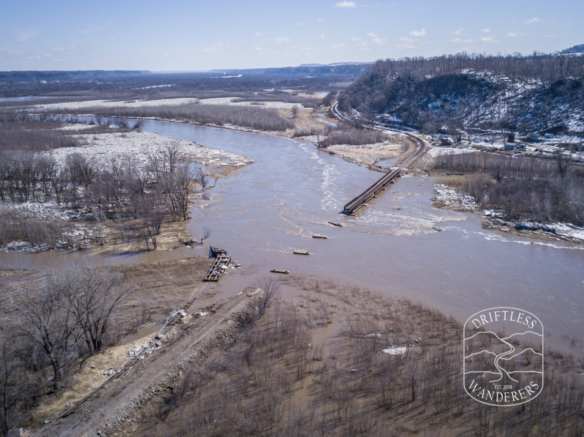 Train bridge washout on the Turkey River due to flooding in March 2019.